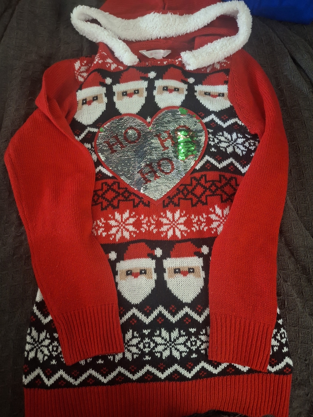 No Boundaries Red Santa Sequin Heart Hooded Sweater